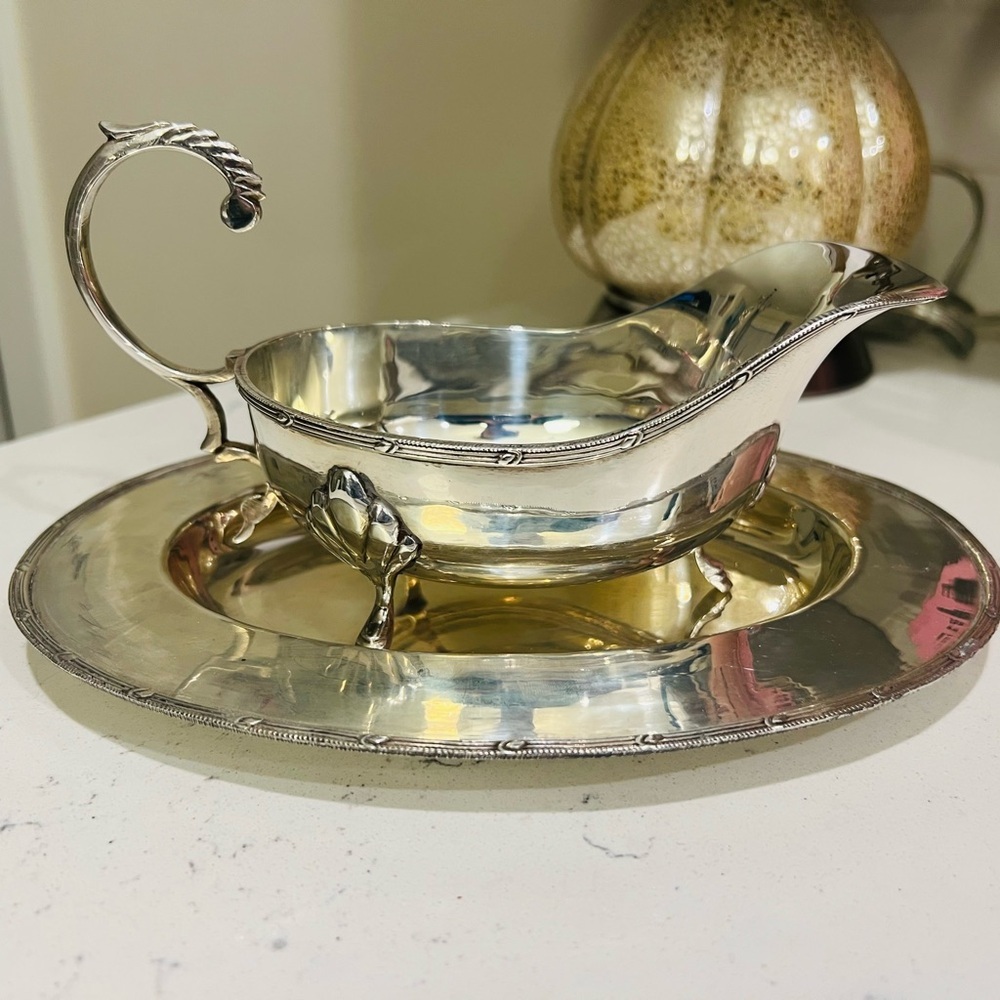 Vintage Silverplate Gravy Boat with Attached Underplate | Ornate Scroll Handle